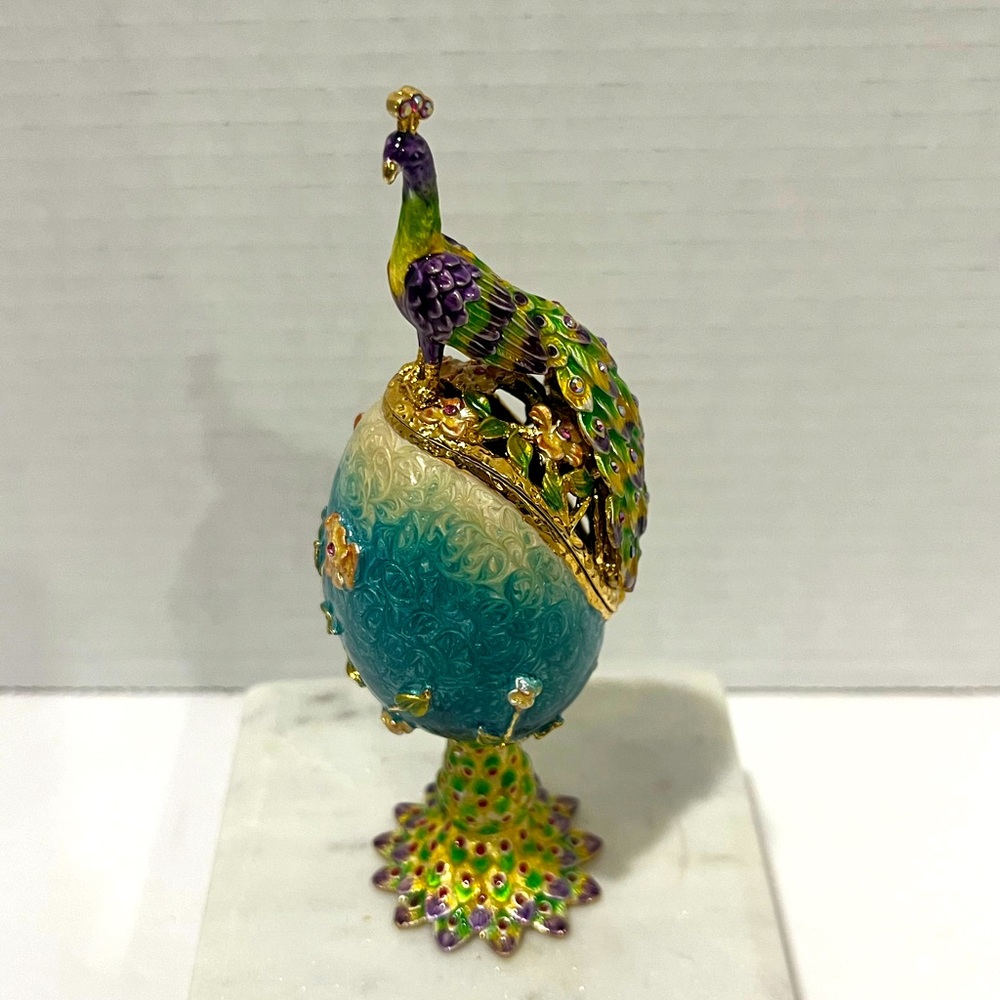 BIJORCA Enameled Peacock Figurine on Faberge Egg Trinket Box w/ Crystals